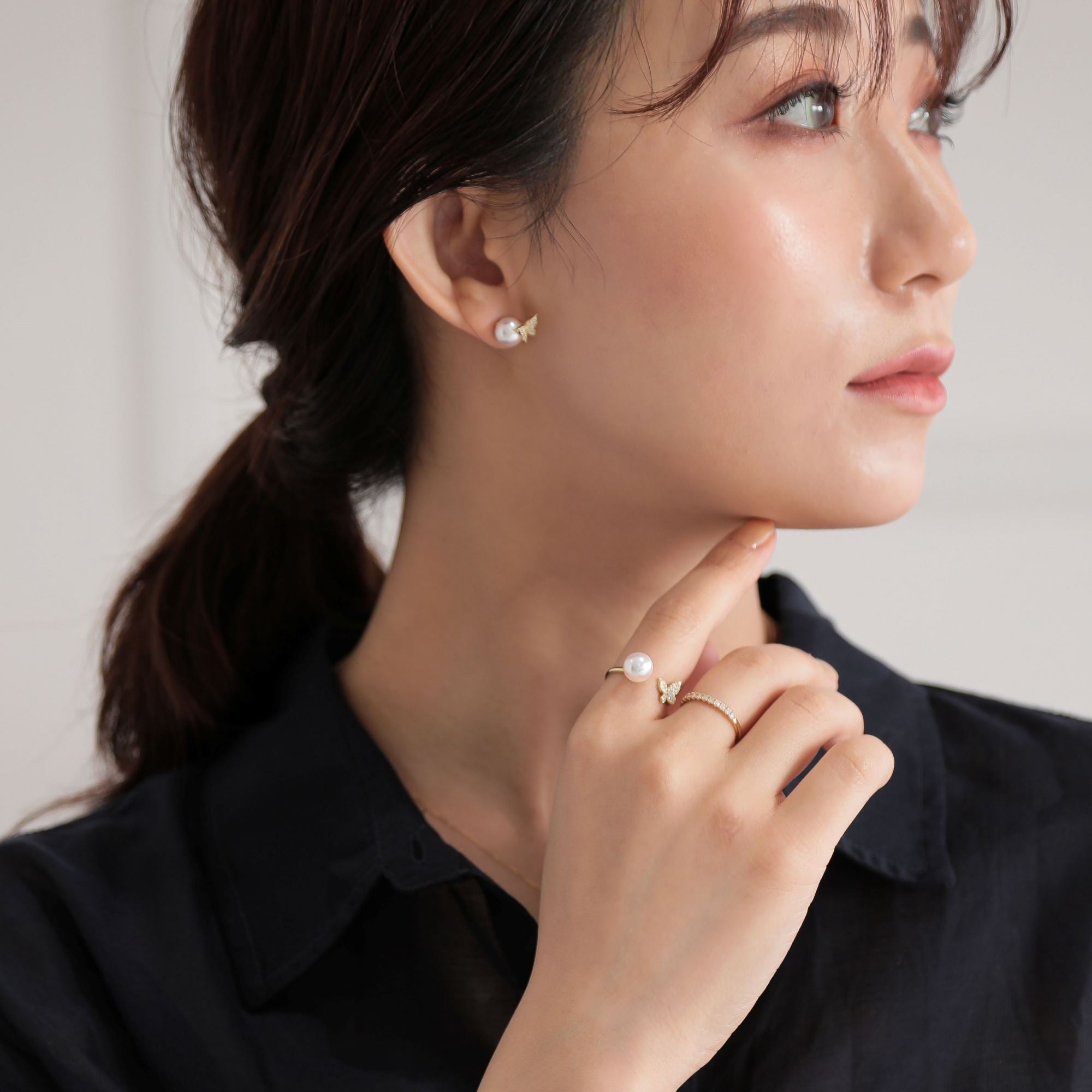 petit amie 阿古屋珍珠蝴蝶戒指 7.5–8.0 mm K18YG