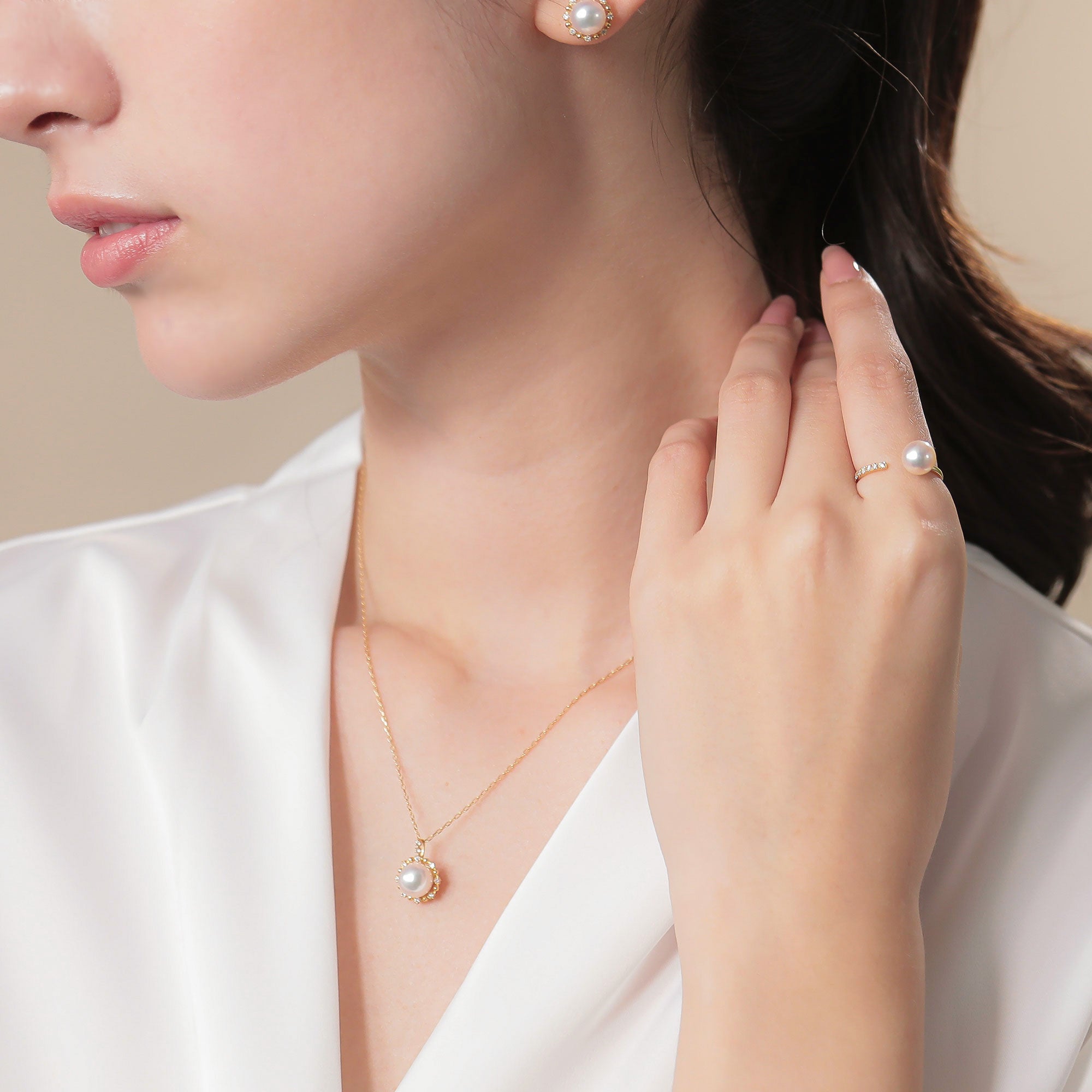 HANADAMA Akoya Pearl Pendant Top 7.5-8.0mm K18YG Halo Setting -Premium-