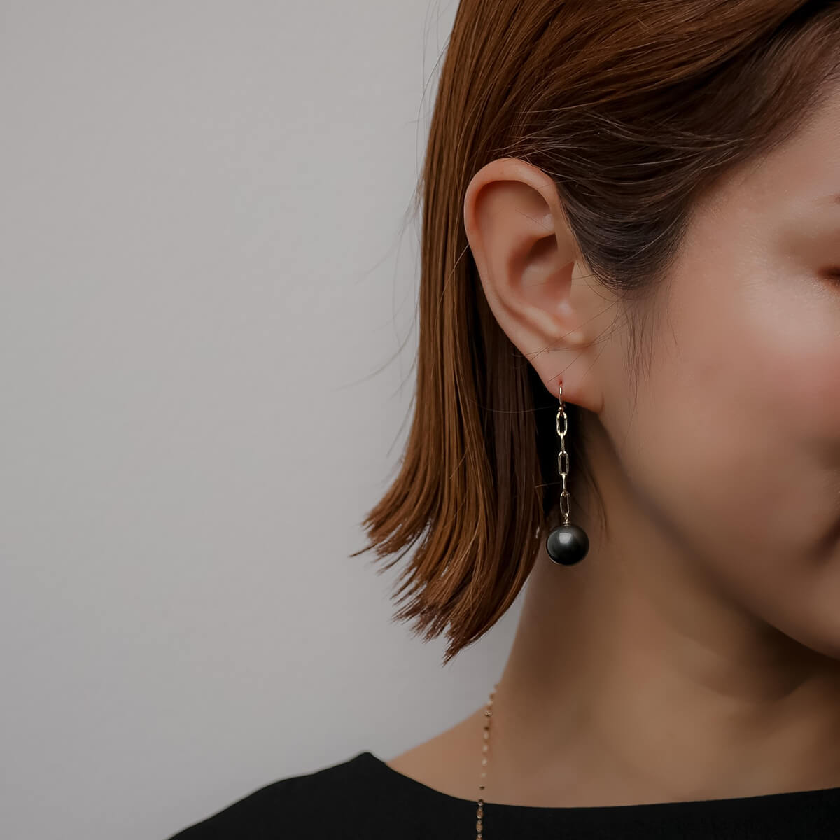 Tahitian+ Tahitian Black Pearl Chain Earrings 11mmUP K18YG