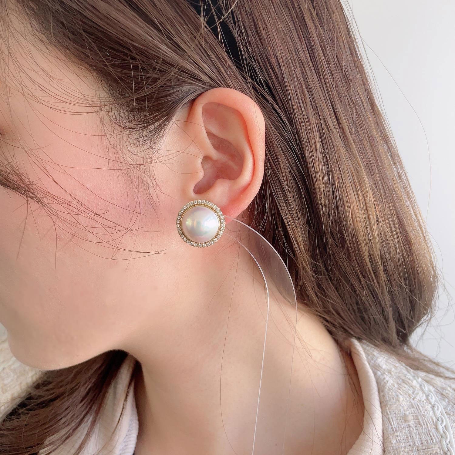 Mabe Pearl Diamond Halo Earrings 13mmUP K18YG