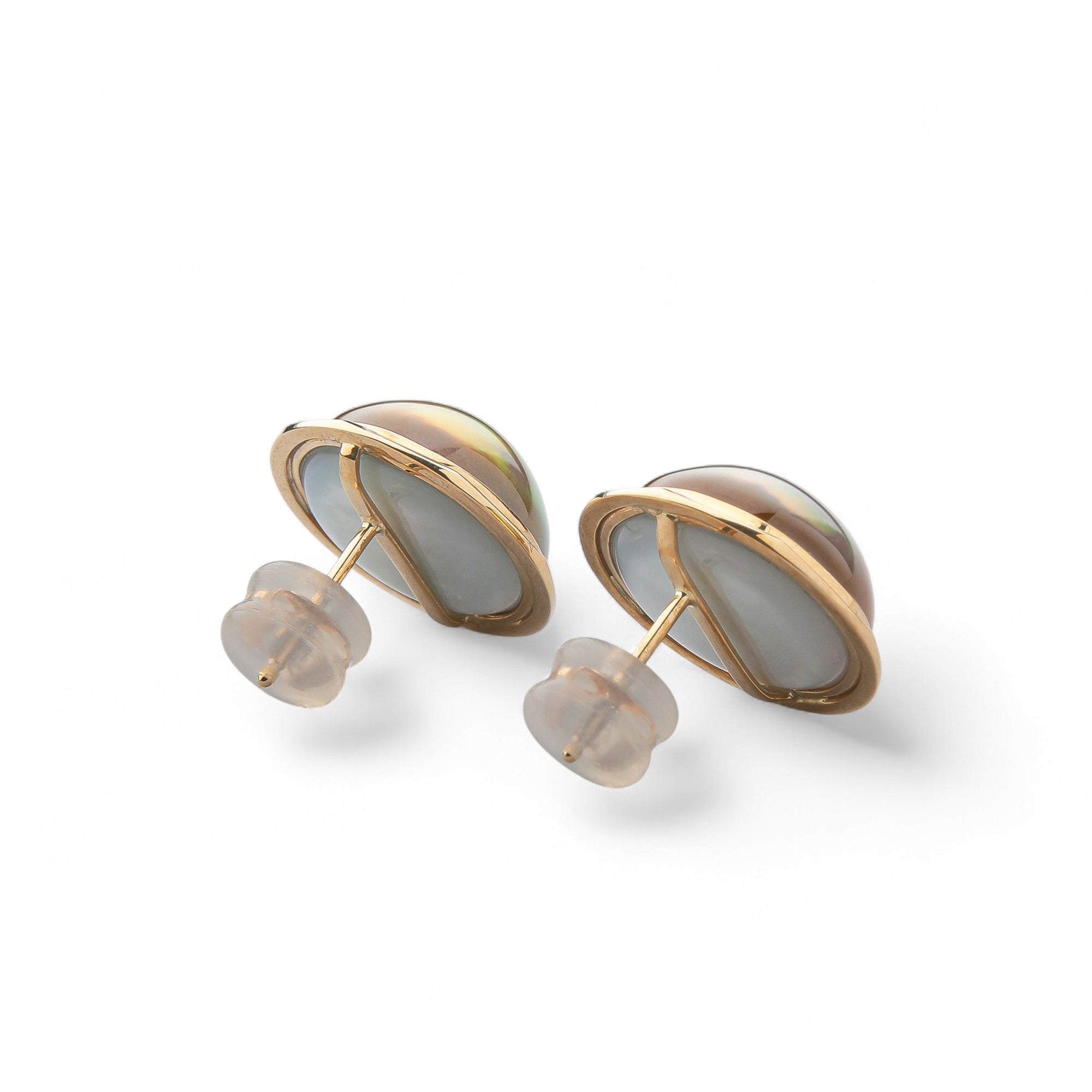 Mabe Pearl Earrings 12mm+ K18 Yellow Gold -Aurora Blue-