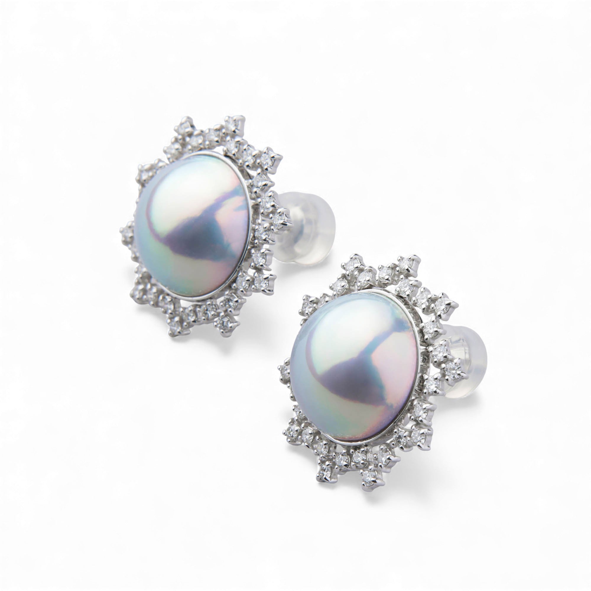 Mabe 珍珠鑽石耳環 12mm K18WG 極光藍