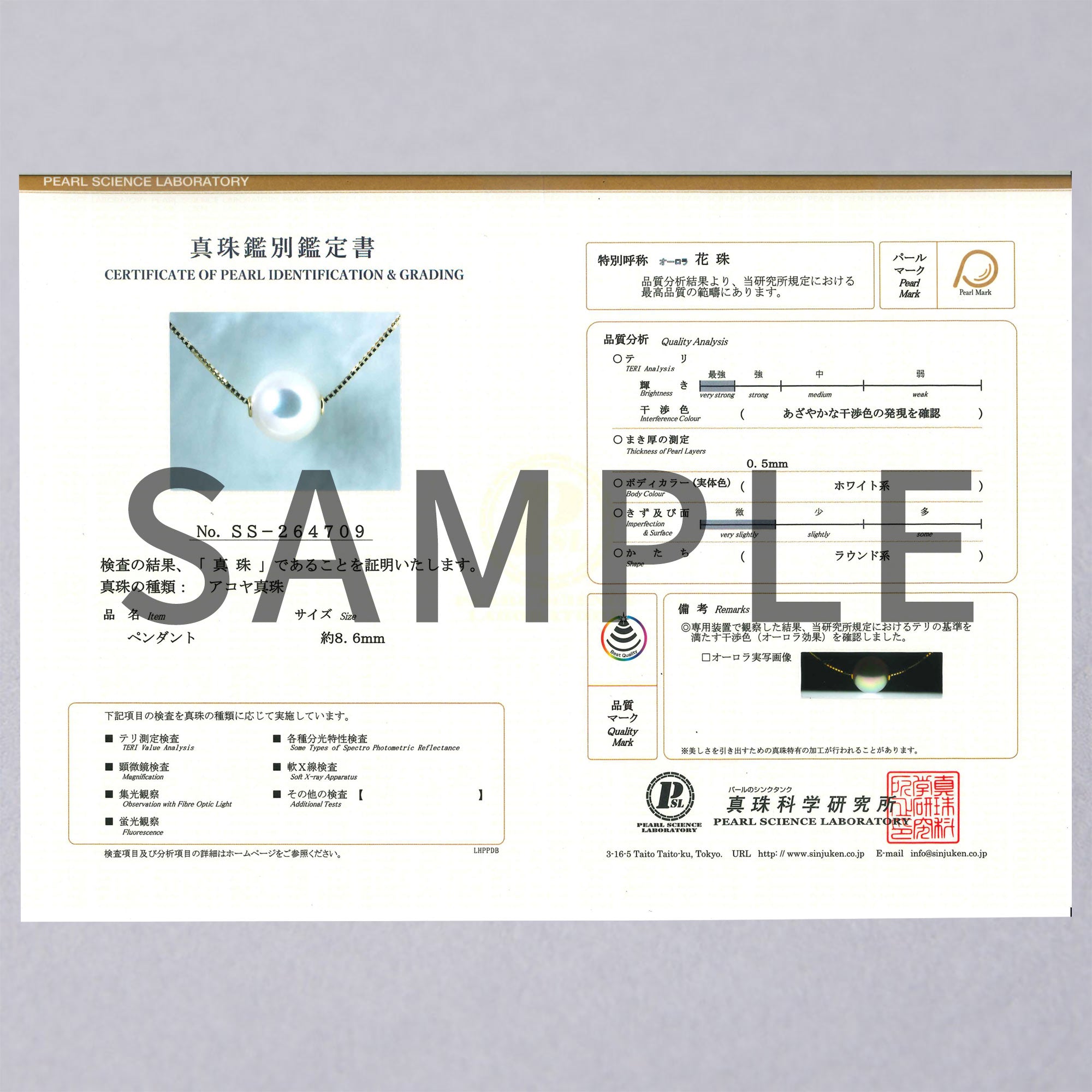 Aurora HANADAMA 日本 Akoya 珍珠吊坠项链 8.5–9.0 毫米 K18YG/PT850 -Premium-