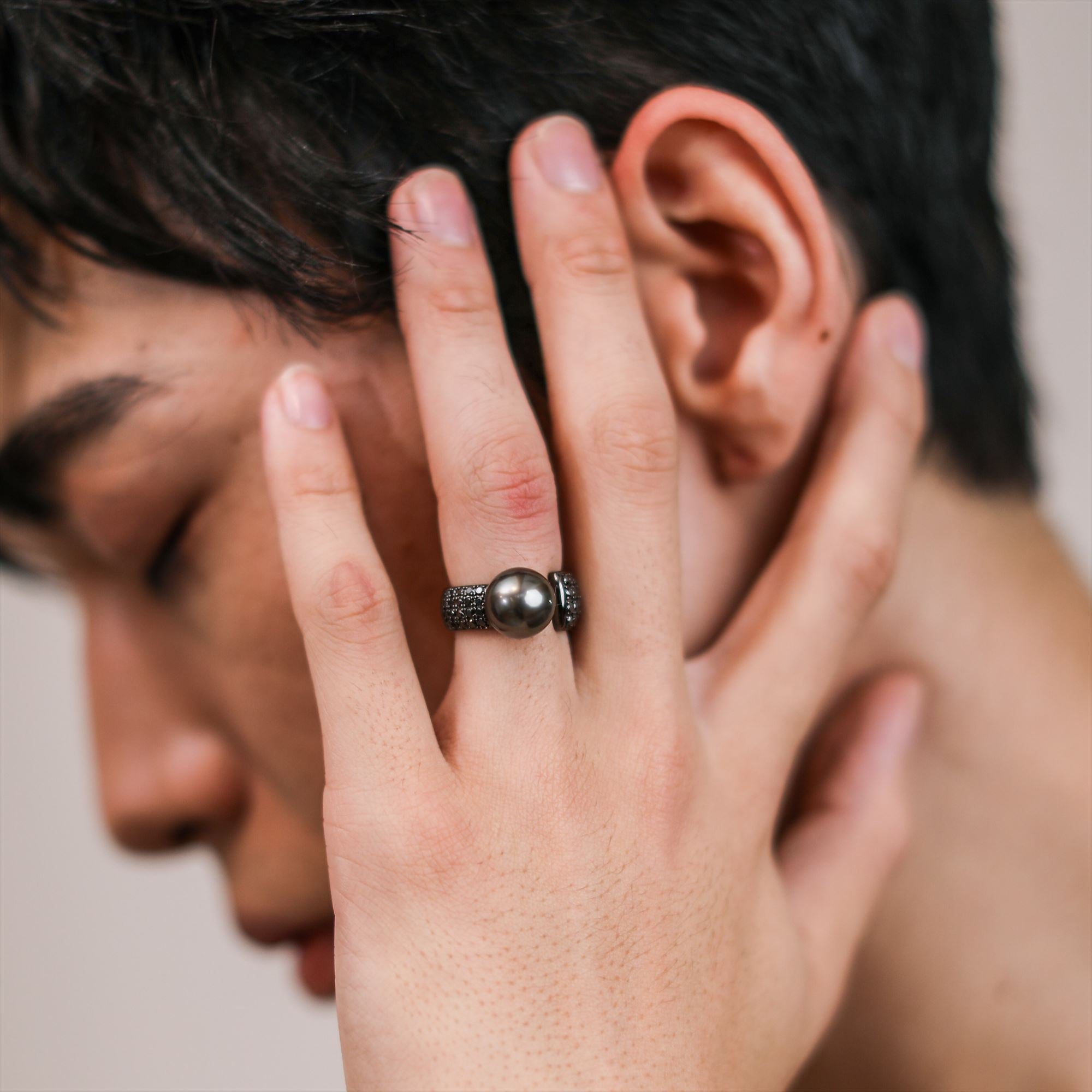 NOIR / Moitie Ring Tahitian Black Pearl 10mmUP SV925 BP with Black Diamond