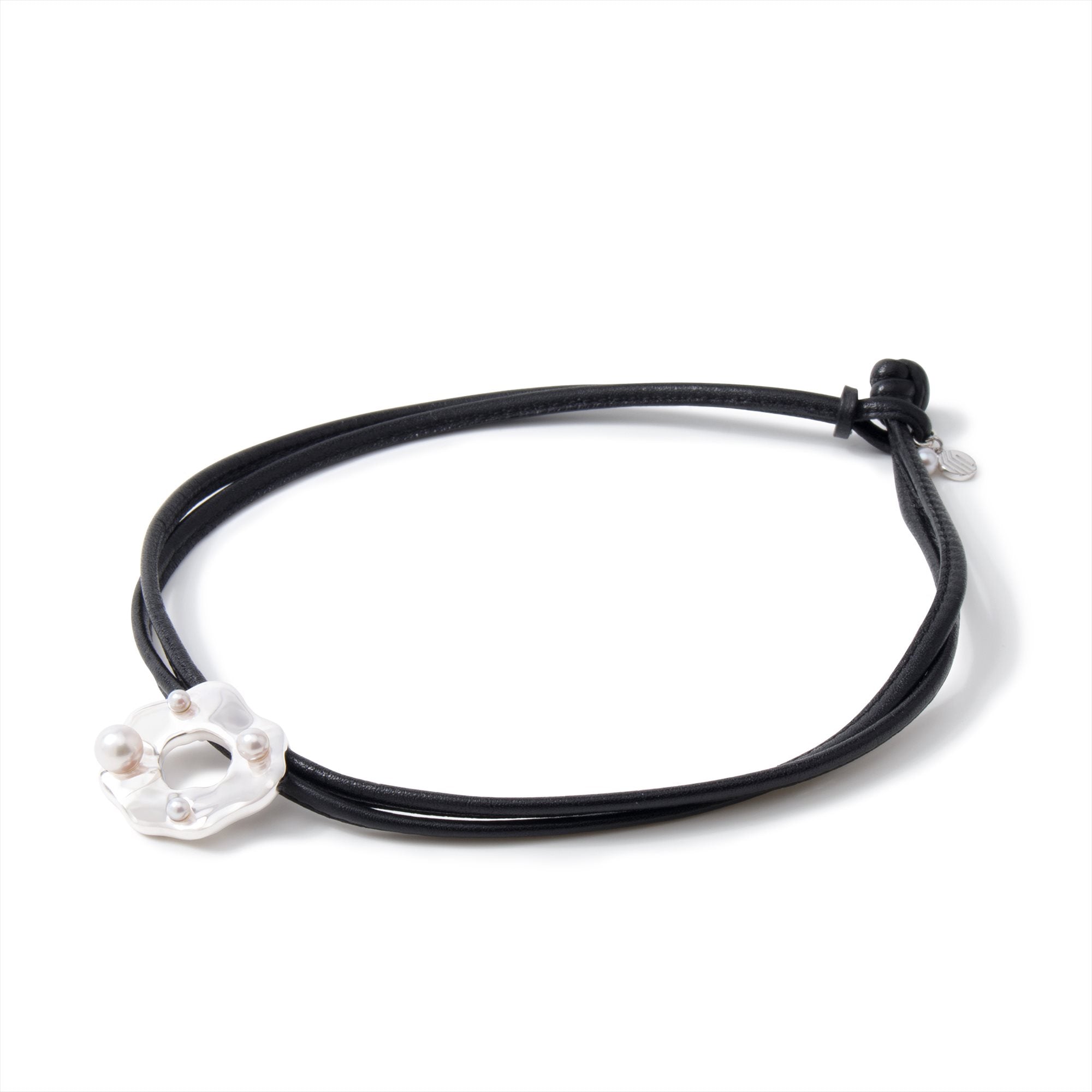 Maya Leather Choker Necklace Akoya Pearl 3.0-7.5mm SV925