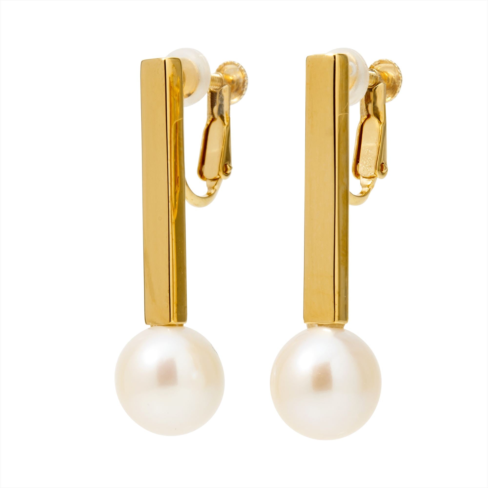 Rectangle Earrings/Clip-on Freshwater Pearl 10mmUP White K18YG/SV925 GP