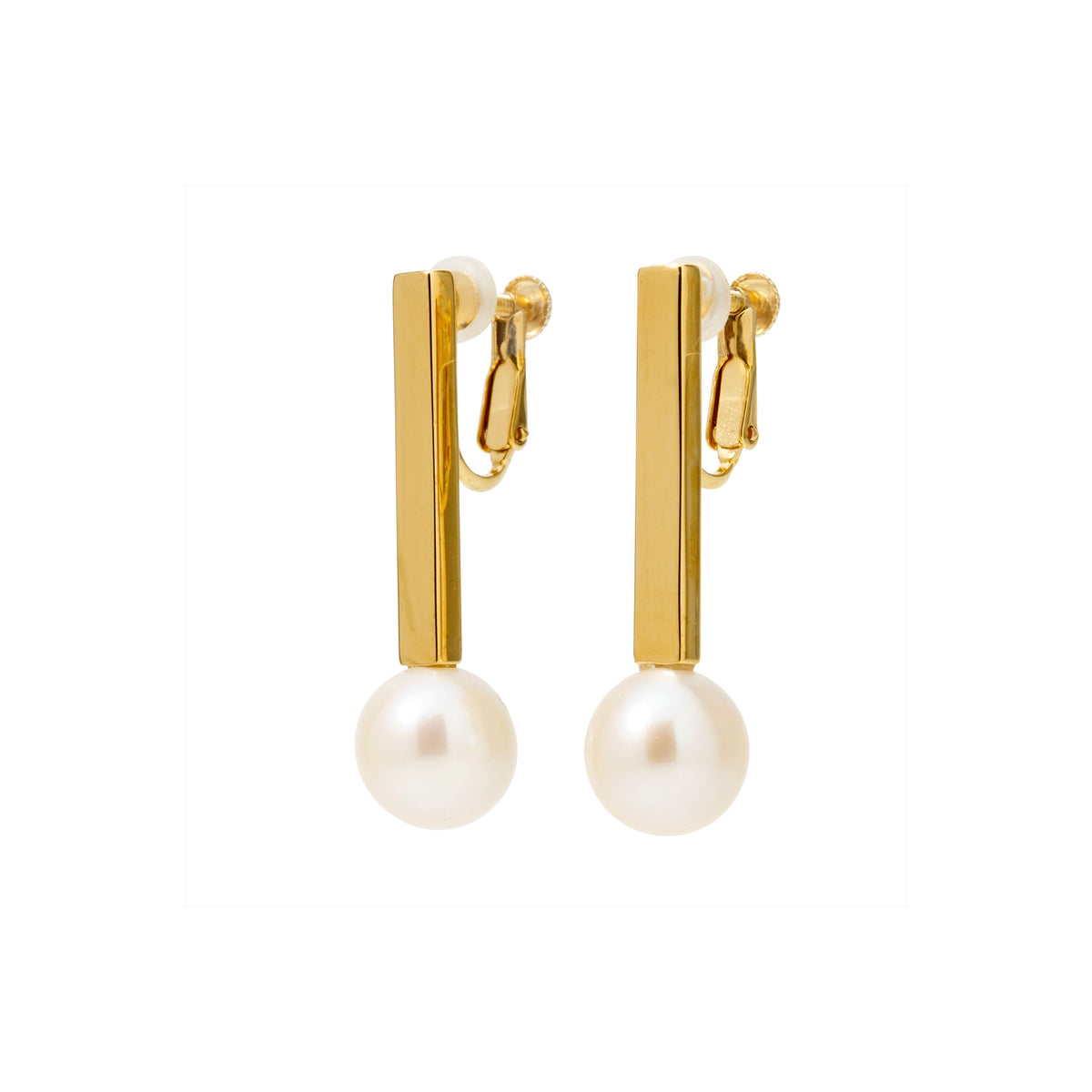 Rectangle Earrings/Clip-on Freshwater Pearl 10mmUP White K18YG/SV925 GP