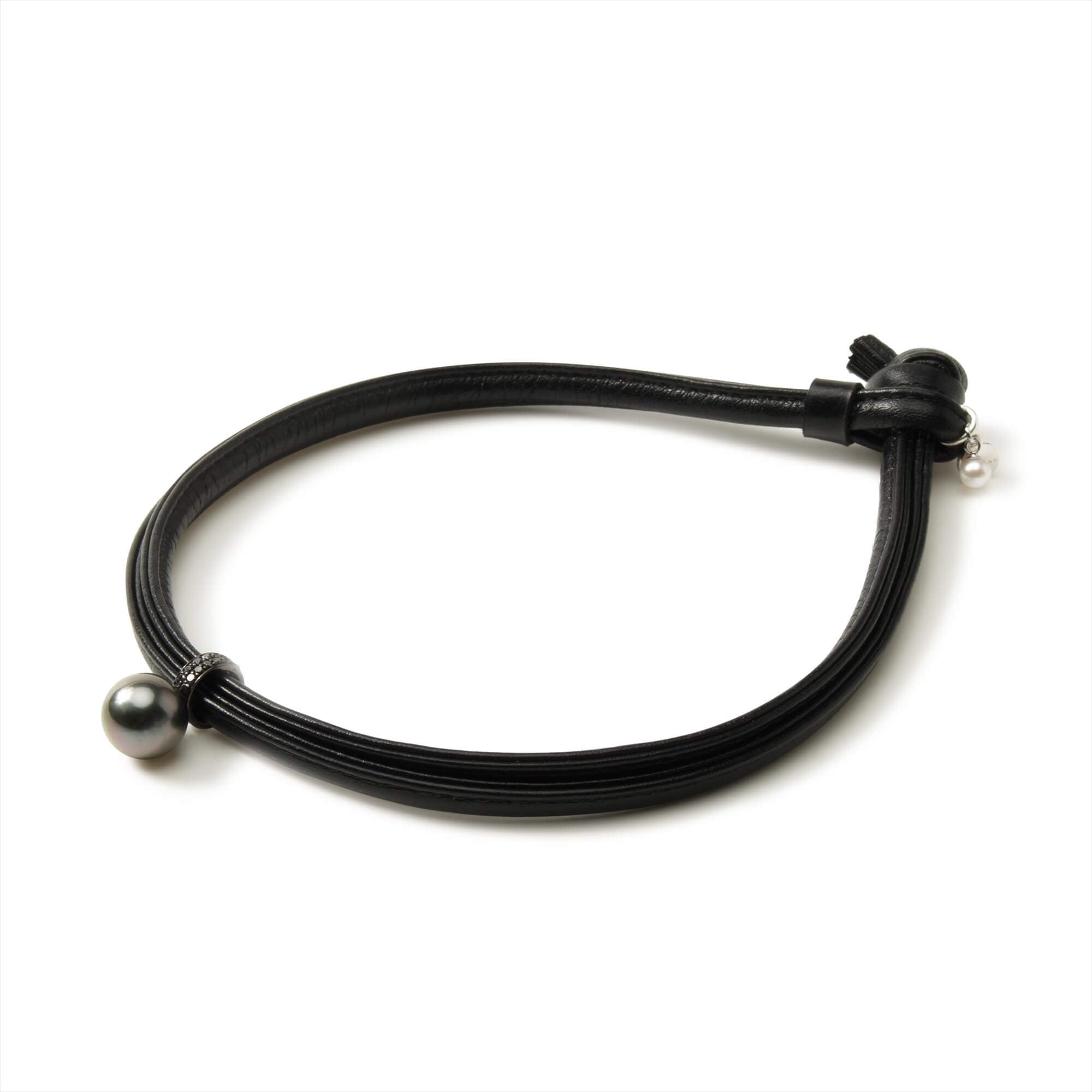 Maya Leather Choker Necklace Tahitian Black Pearl 12mmUP SV925