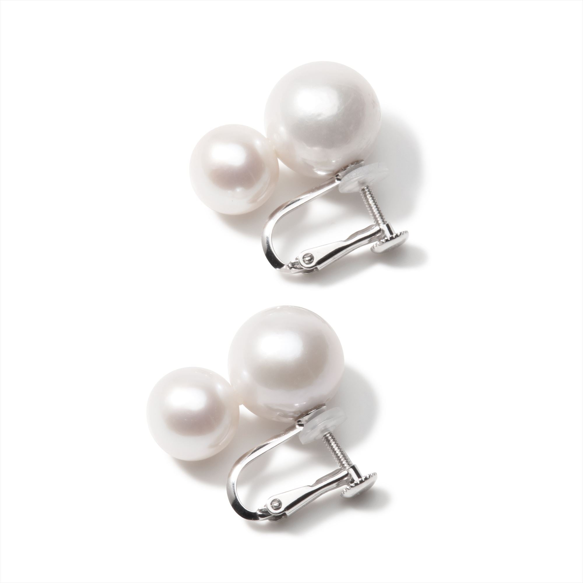 Double Pearl Earrings / Clip-on Freshwater Pearl 9–12mm K14WG / SV925