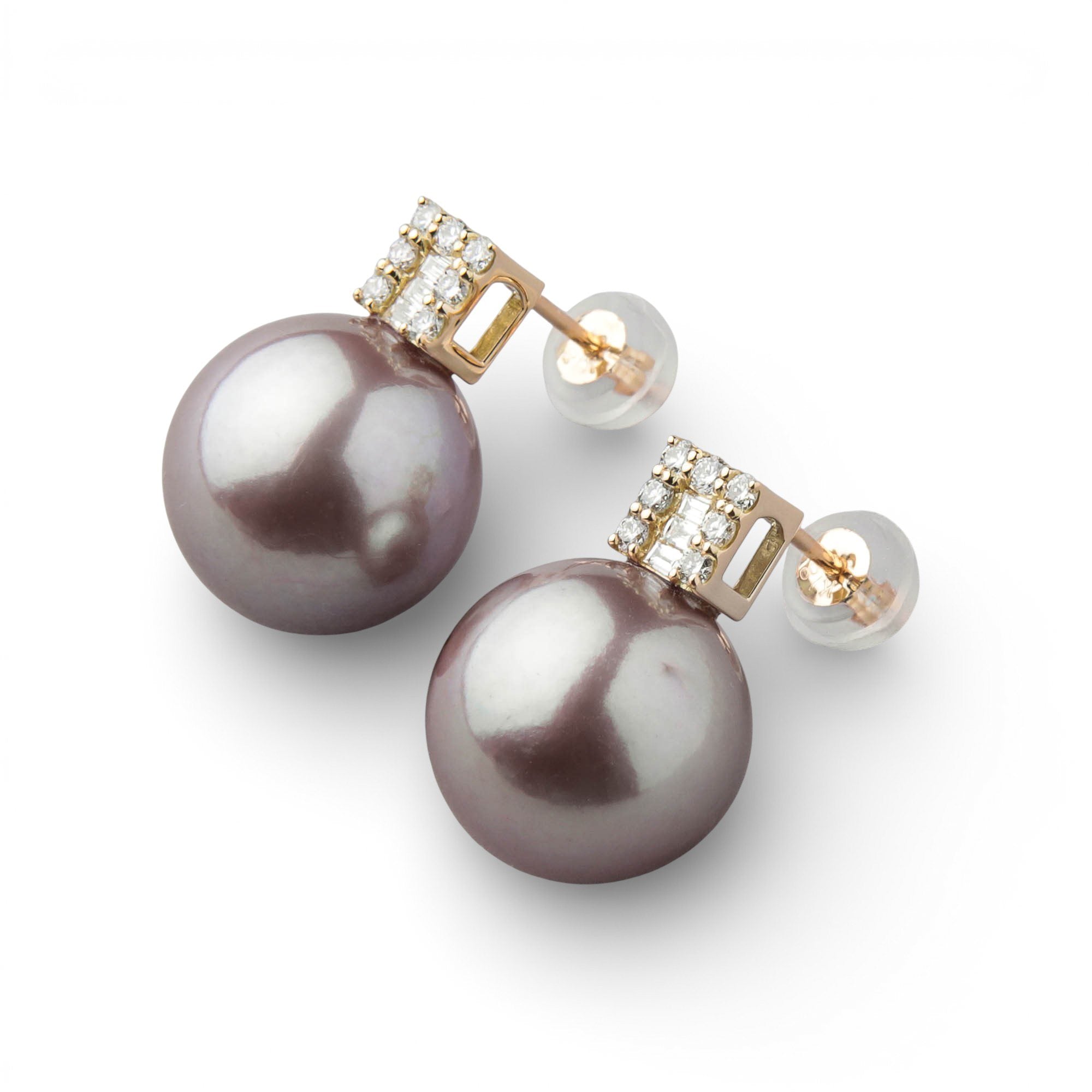 Mauvette Freshwater Pearl Earrings 11mm K18YG Square Diamond