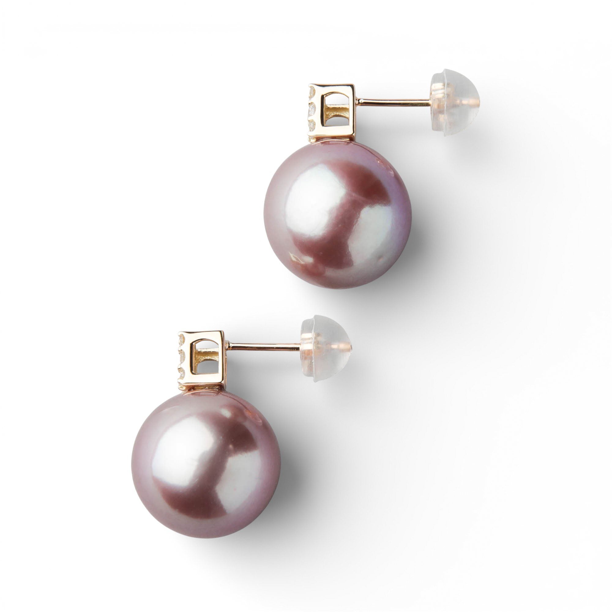 Mauvette Freshwater Pearl Earrings 11mm K18YG Square Diamond
