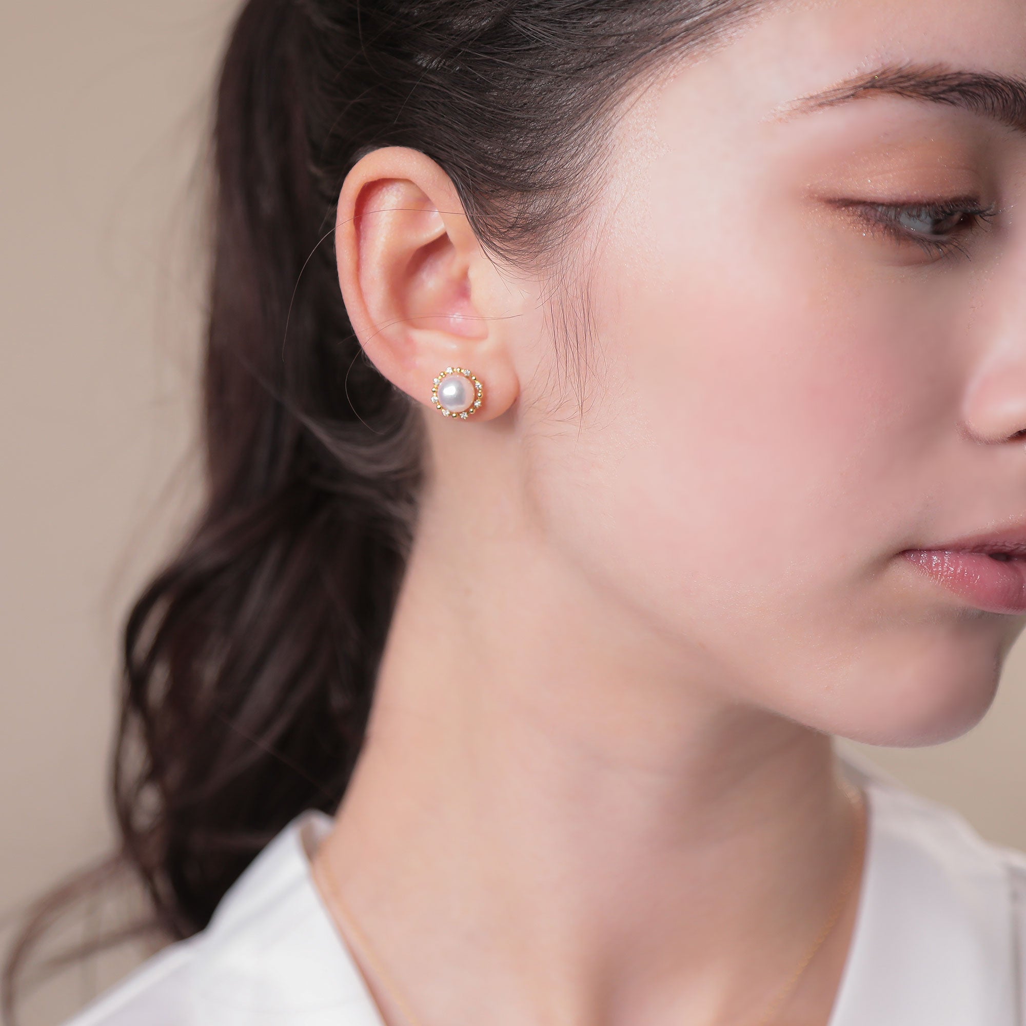 Aurora HANADAMA Akoya Pearl Earrings 7.5-8.0mm K18YG Halo Setting -Premium-
