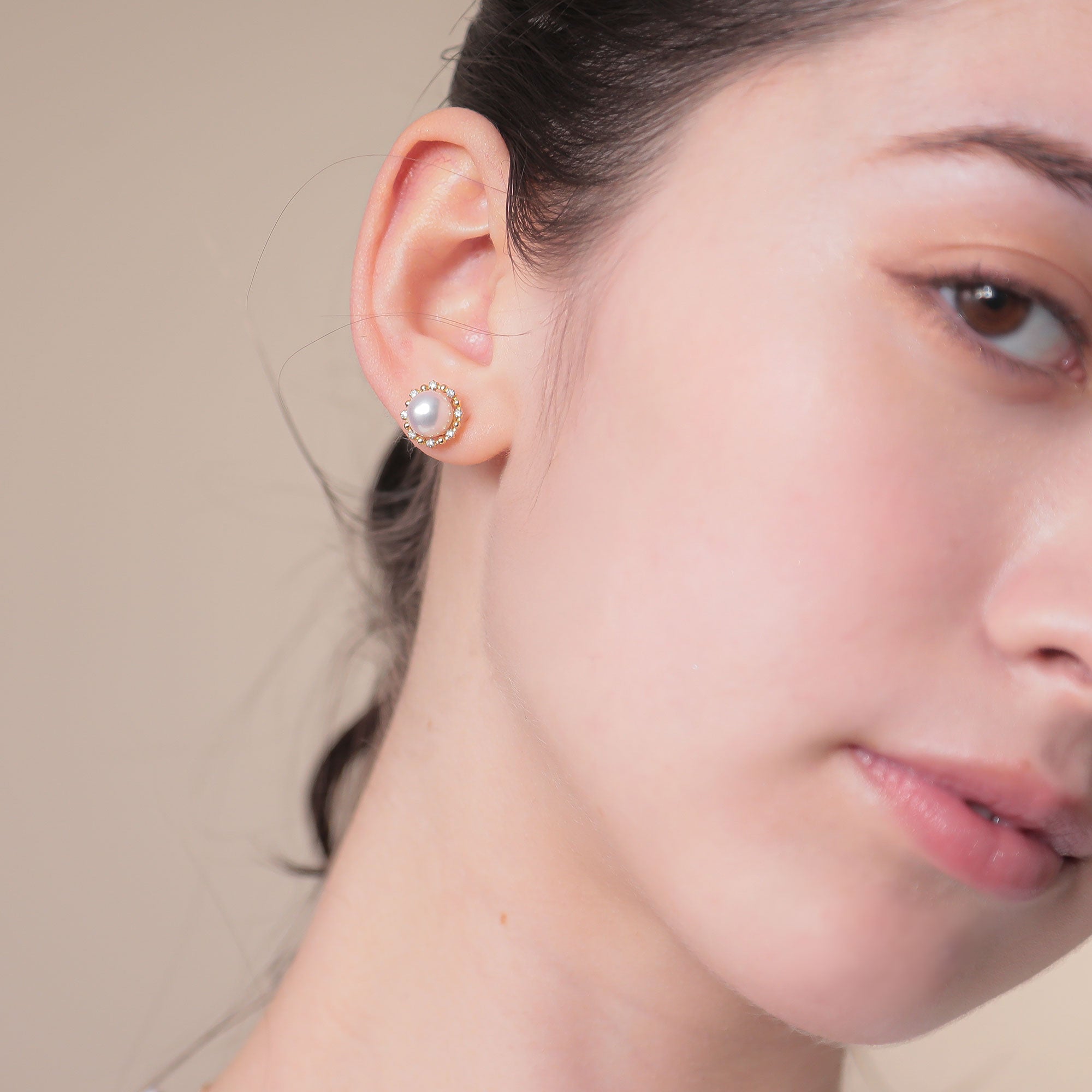 Aurora HANADAMA Akoya Pearl Earrings 7.5-8.0mm K18YG Halo Setting -Premium-