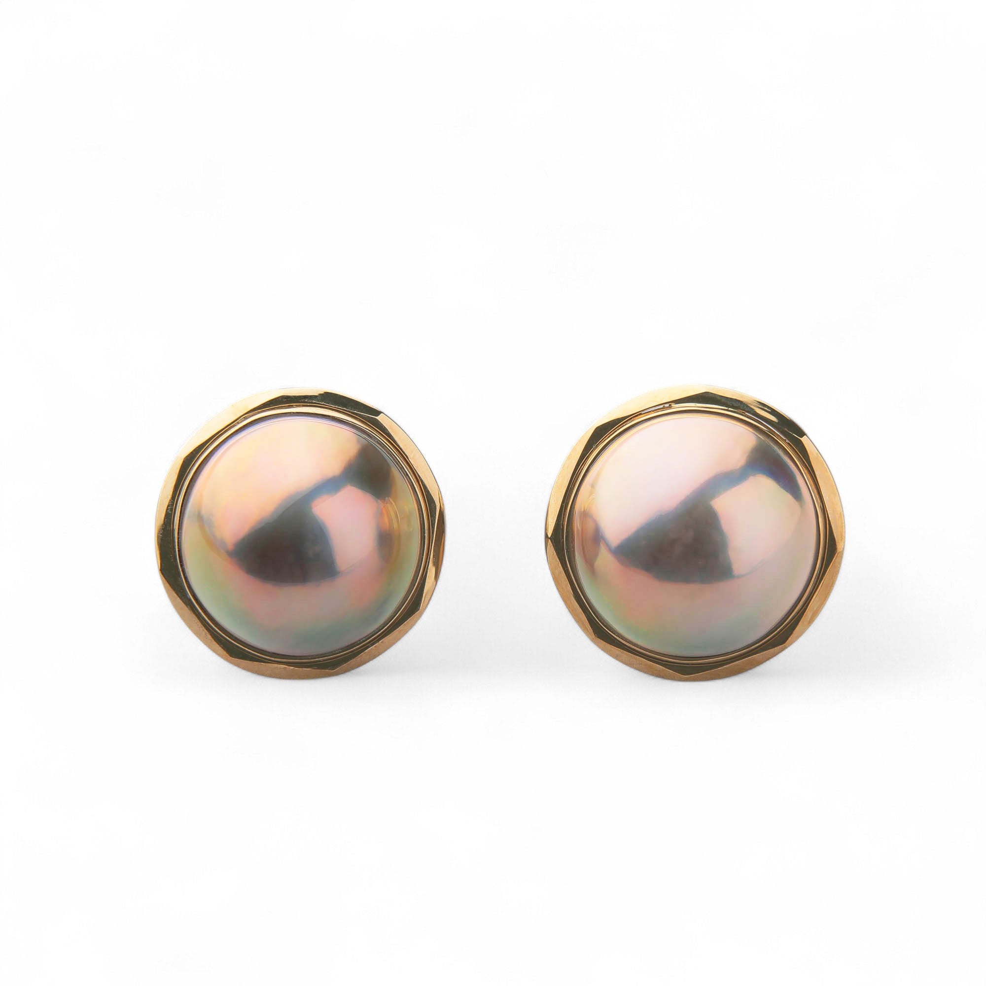 Mabe Pearl Earrings 12mm+ K18 Yellow Gold -Aurora Blue-