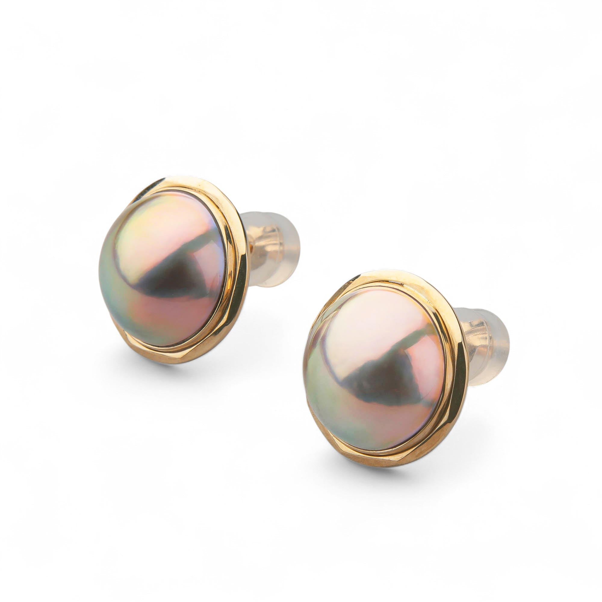 Mabe Pearl Earrings 12mm+ K18 Yellow Gold -Aurora Blue-