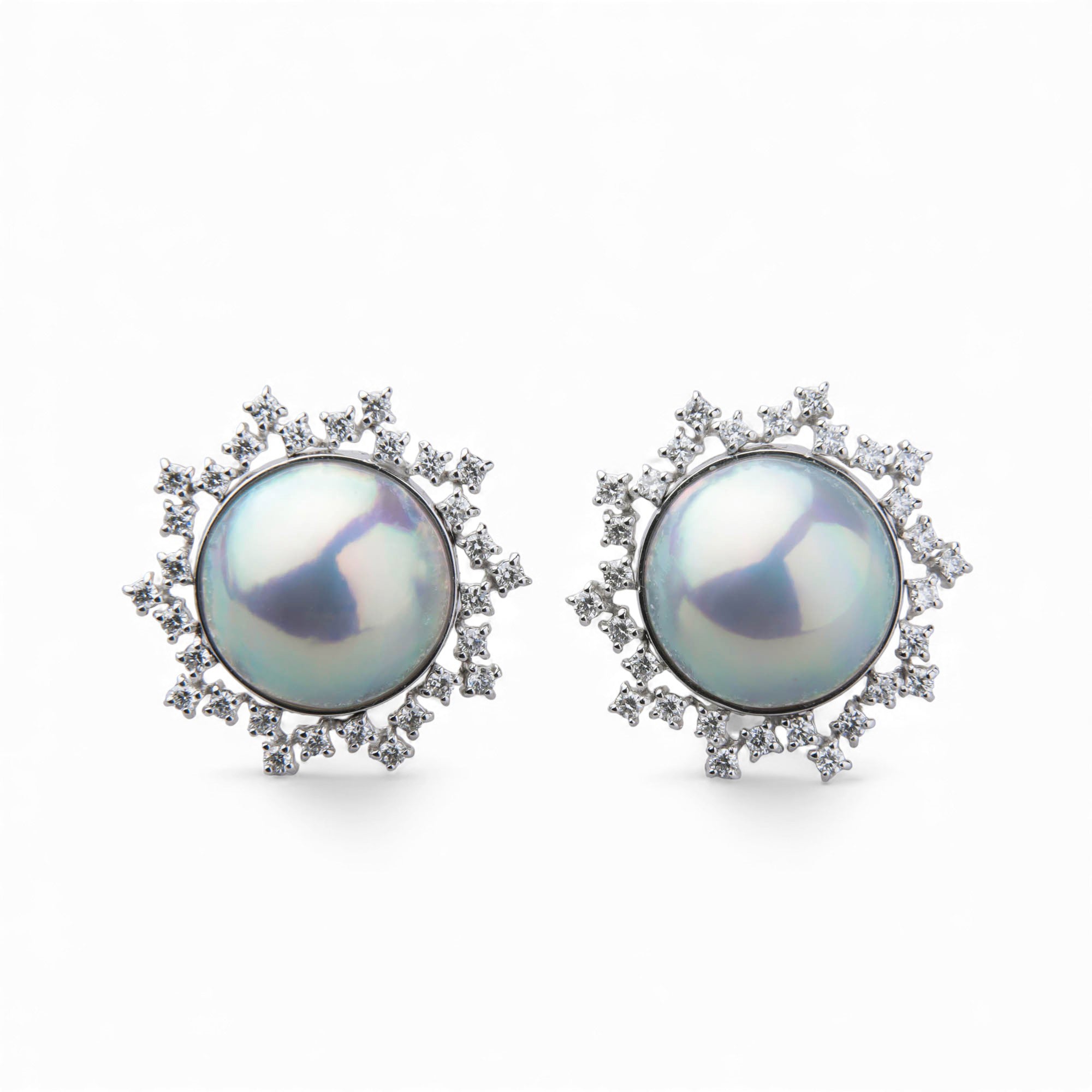 Mabe 珍珠鑽石耳環 12mm K18WG 極光藍