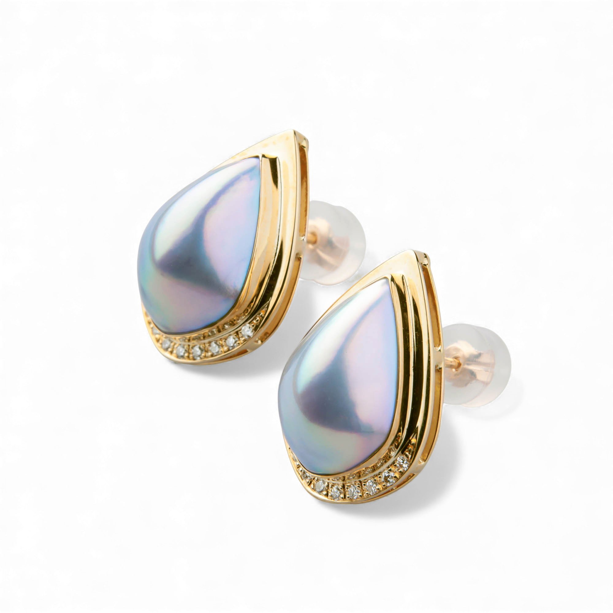 Mabe珍珠耳環 – 水滴形 11mm+ K18YG 極光藍