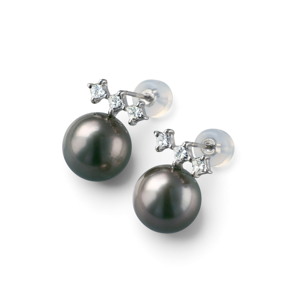 LUXE Tahitian Black Pearl Earrings 9mmUP PT900 3-Stone Diamonds